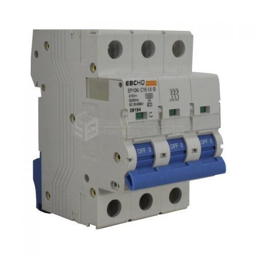 Breaker 3X16A, Voltaje Nominal 415V 50/60Hz, Capacidad de Ruptura 10KA, Tipo de Curva C, IEC / EN60898-1, IP 20. Montaje en Riel Din.