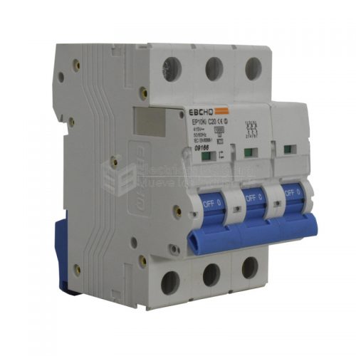 Breaker 3X20A, Voltaje Nominal 415V 50/60Hz, Capacidad de Ruptura 10KA, Tipo de Curva C, IEC / EN60898-1, IP 20. Montaje en Riel Din.