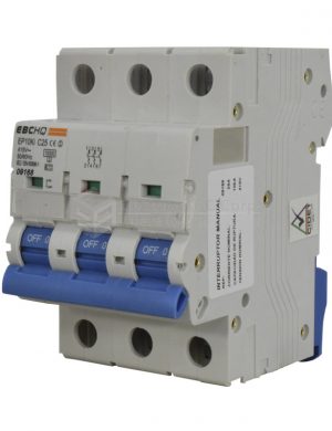Breaker 3X25A, Voltaje Nominal 415V 50/60Hz, Capacidad de Ruptura 10KA, Tipo de Curva C, IEC / EN60898-1, IP 20. Montaje en Riel Din.